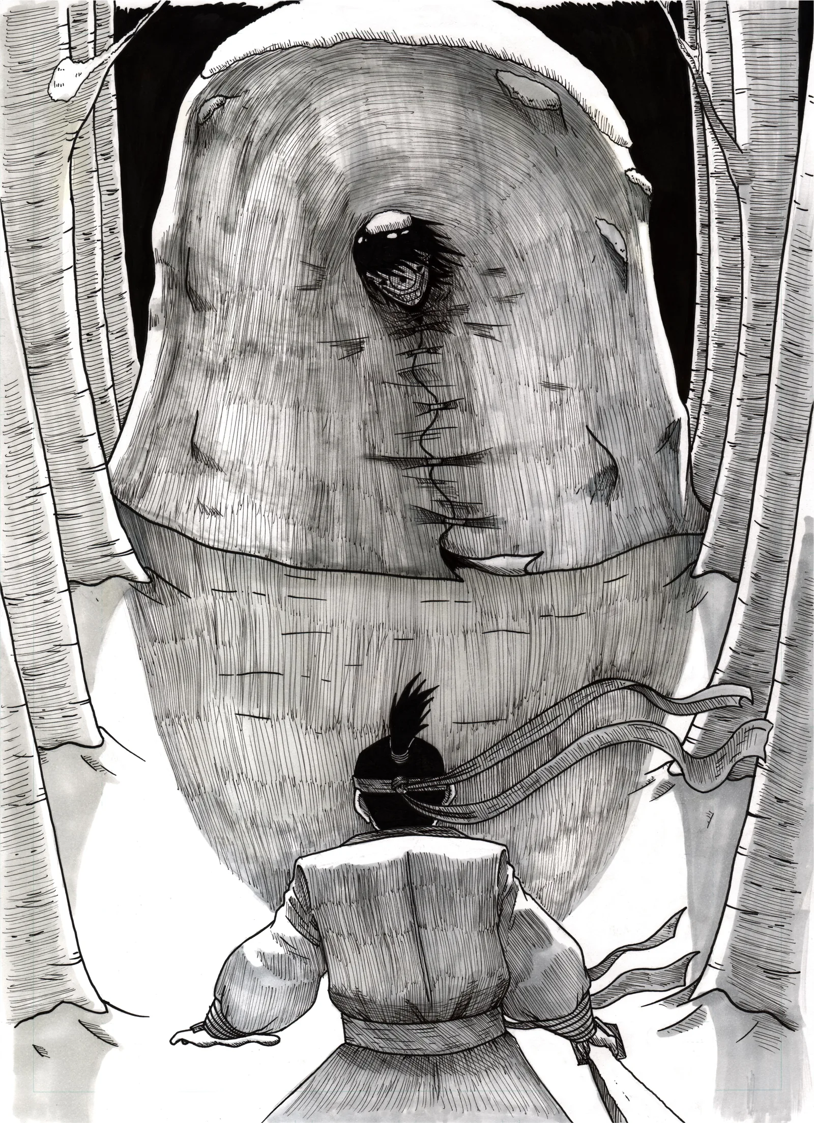 Full-page splash: the monster towers between the trees above the swordsman.