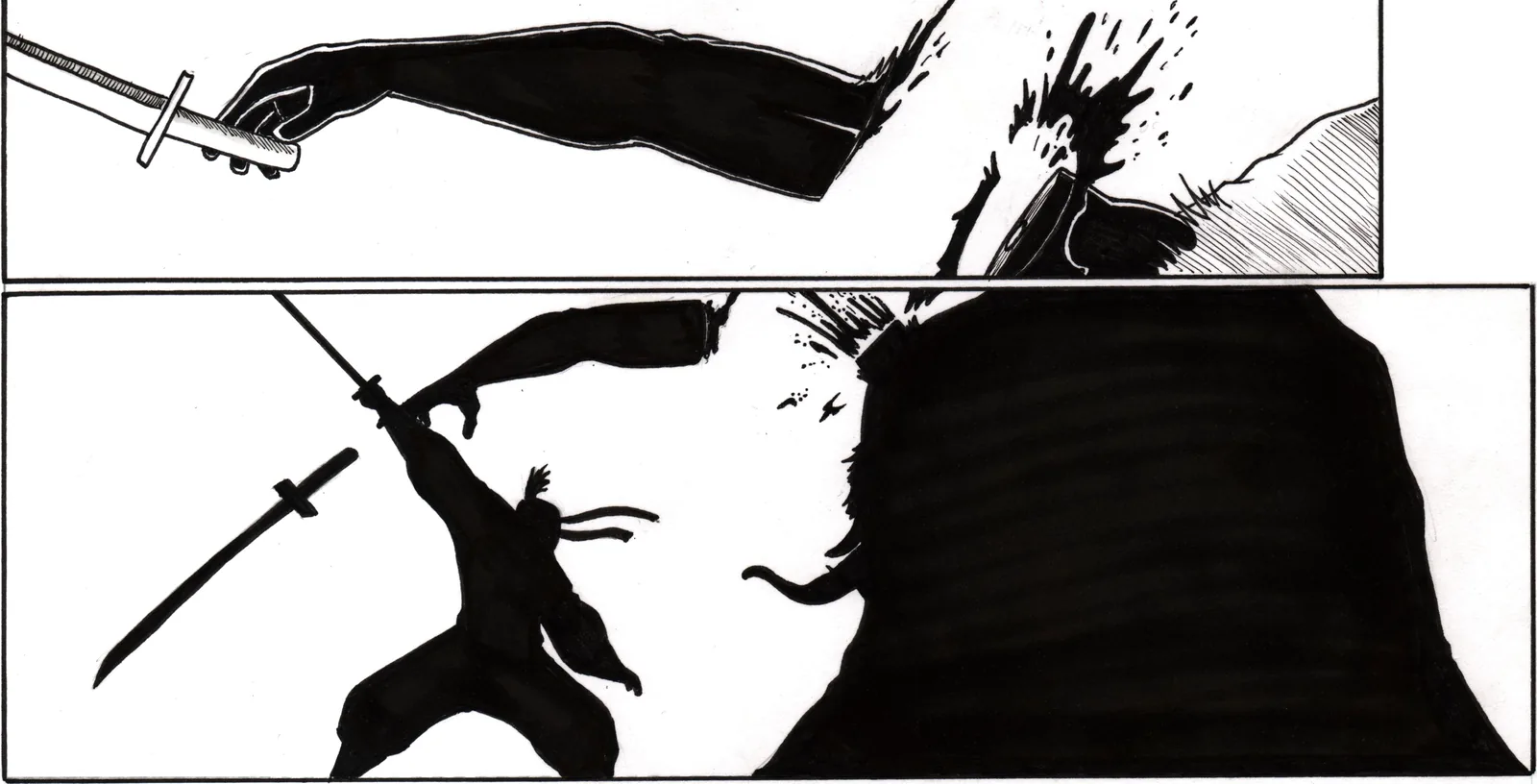 Silhouette of the swordsman mid-leap, blade raised.