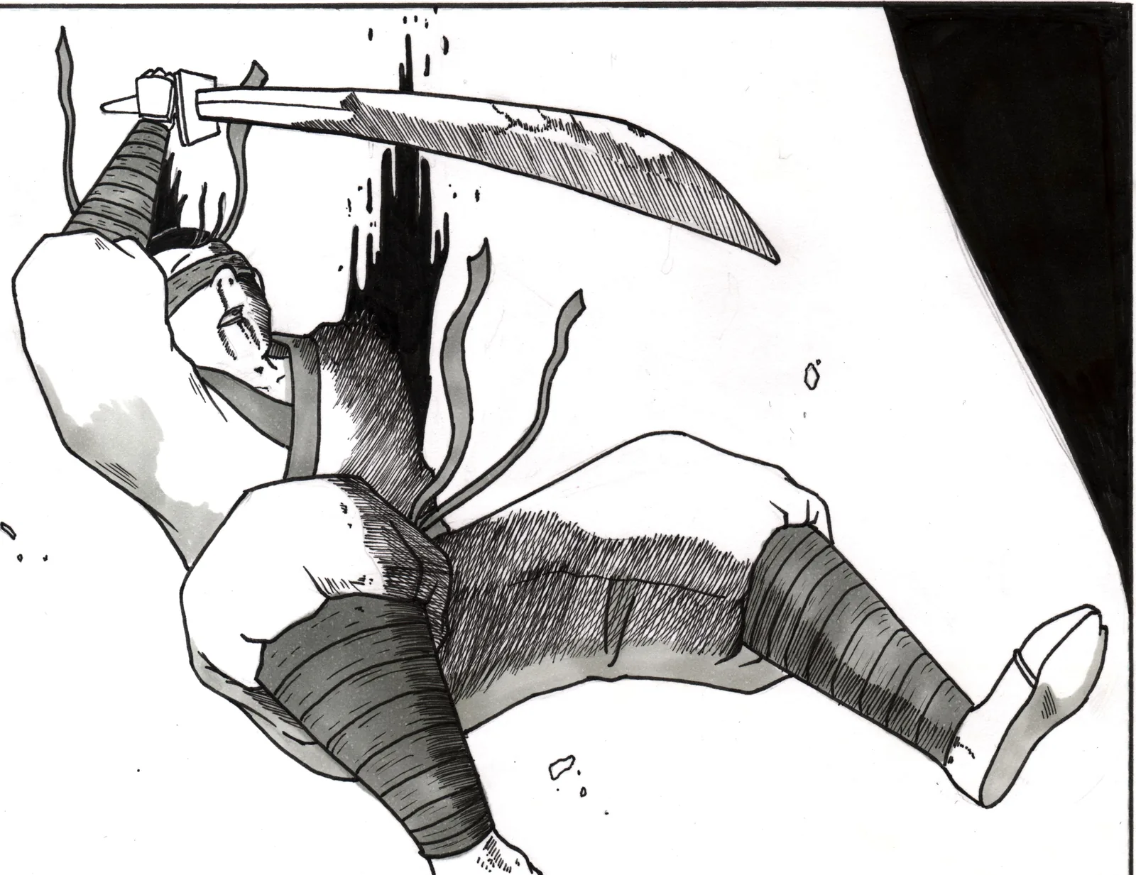 The swordsman leaps down, curved blade overhead.